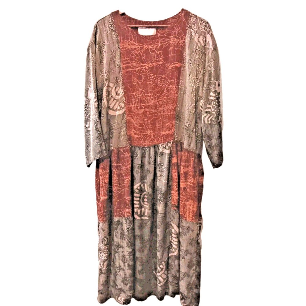 Vintage Kuswadi Bali Handmade Patchwork Rayon Dress Midi/Maxi Sz XXL Art-To-Wear